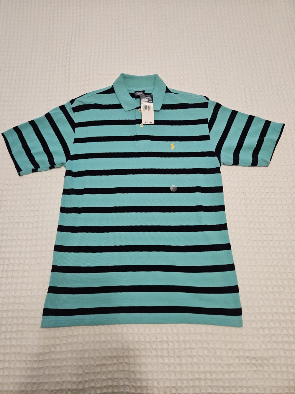 NWT Polo Ralph Lauren Boys Large Striped Turquoise Navy Polo Shirt 100% Cotton.